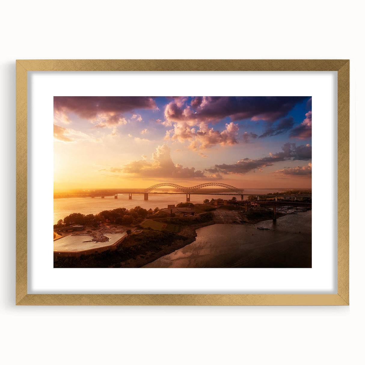 Extra large abstract art print of Memphis scenery in textured gold frame, suited for living room decor.