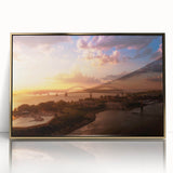 Mid-century modernist art of Memphis skyline in gold and blue tones on framed acrylic, ideal for modern art wall decor.