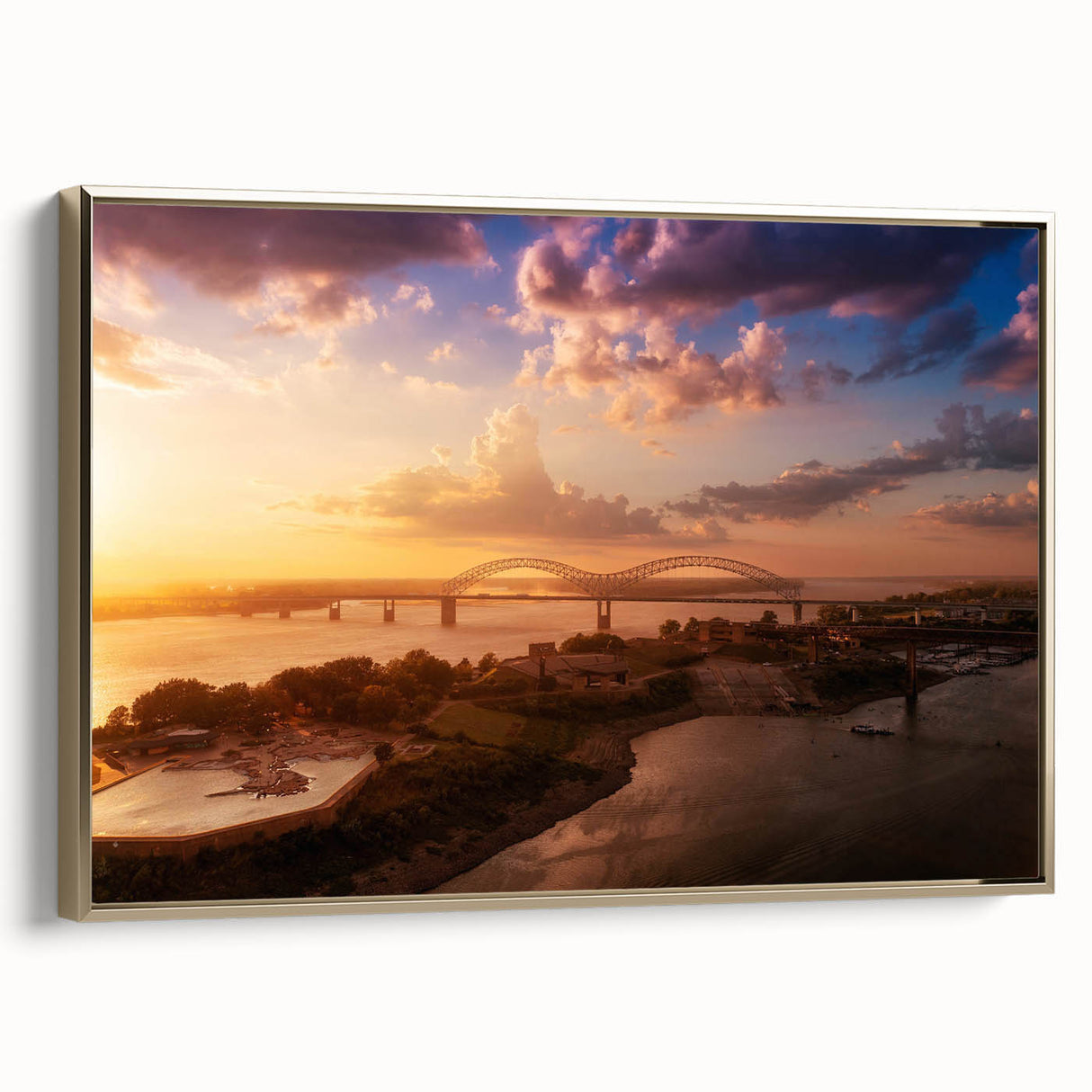 Framed canvas of a vintage-style Memphis landscape in muted gold and black tones, ideal for bedroom wall decor.