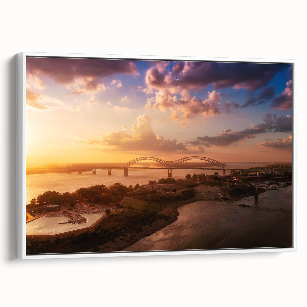 Vintage poster art of Memphis skyline in vibrant colors on a framed canvas, ideal for living room decor.