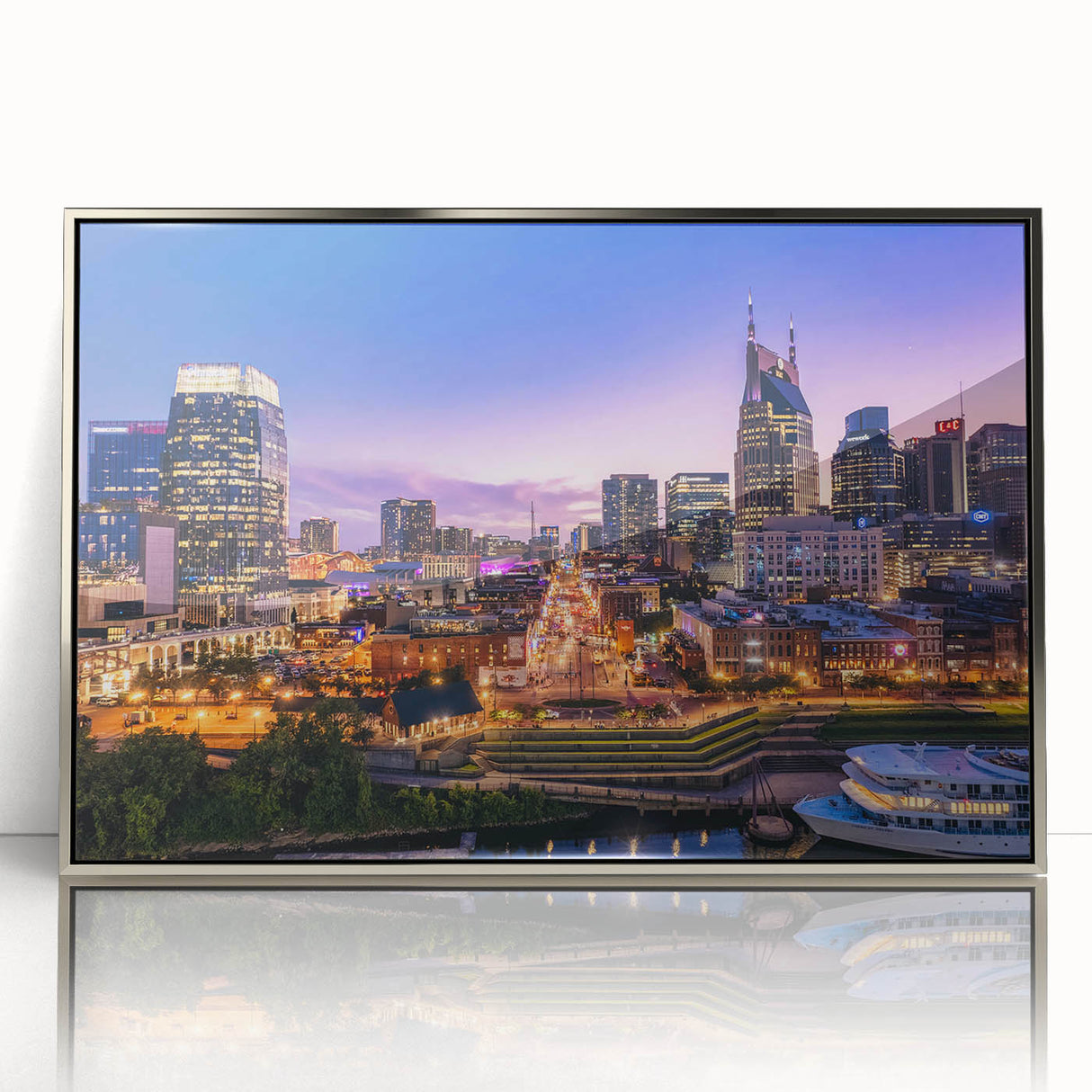 Mid-century modernist art of Nashville skyline in muted gray tones, framed acrylic, ideal for modern art wall decor.