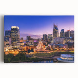 Black and white stretched canvas of Nashville skyline, ideal for kitchen wall art.