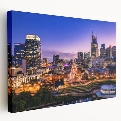 Side view of a stretched canvas depicting the Nashville skyline in muted earth tones, suitable for kitchen wall art.
