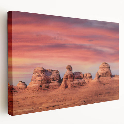Arches National Park landscape on large stretched canvas, featuring warm earth tones, ideal for kitchen wall art.