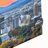 Large abstract depiction of Salt Lake City in muted earth tones on acrylic glass, ideal for dining room art.