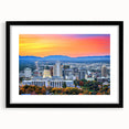 Extra large abstract art print of Salt Lake City in vibrant colors on a textured canvas, framed in black.