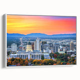 Vintage poster art of Salt Lake City on framed canvas, featuring colorful artwork against a black background.