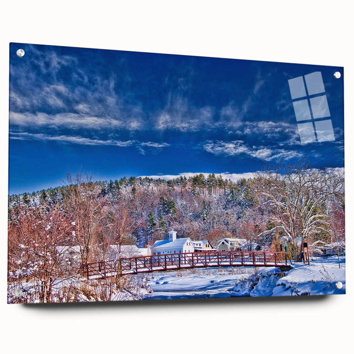 Acrylic glass print of a Vermont landscape in muted earth tones, suitable for bedroom or dining room decor.