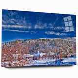 Large abstract wall art depicting Vermont scenery in muted greens and blues on acrylic glass.