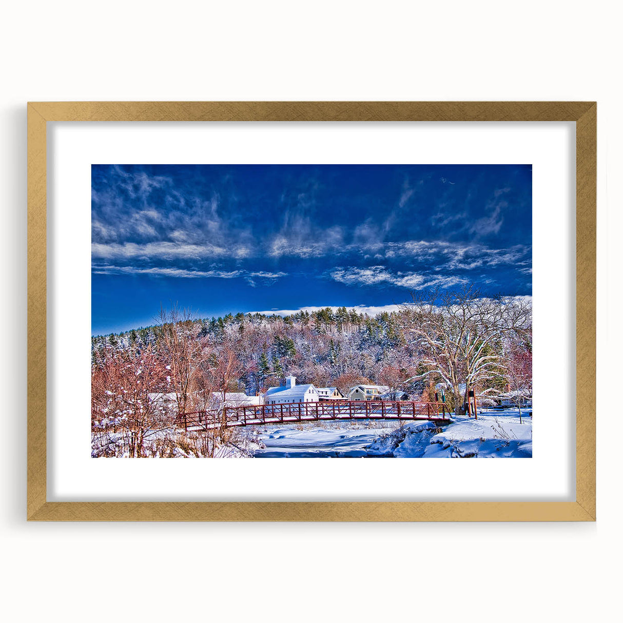 Extra large, textured abstract art print of Vermont scenery in muted earth tones, framed in gold.