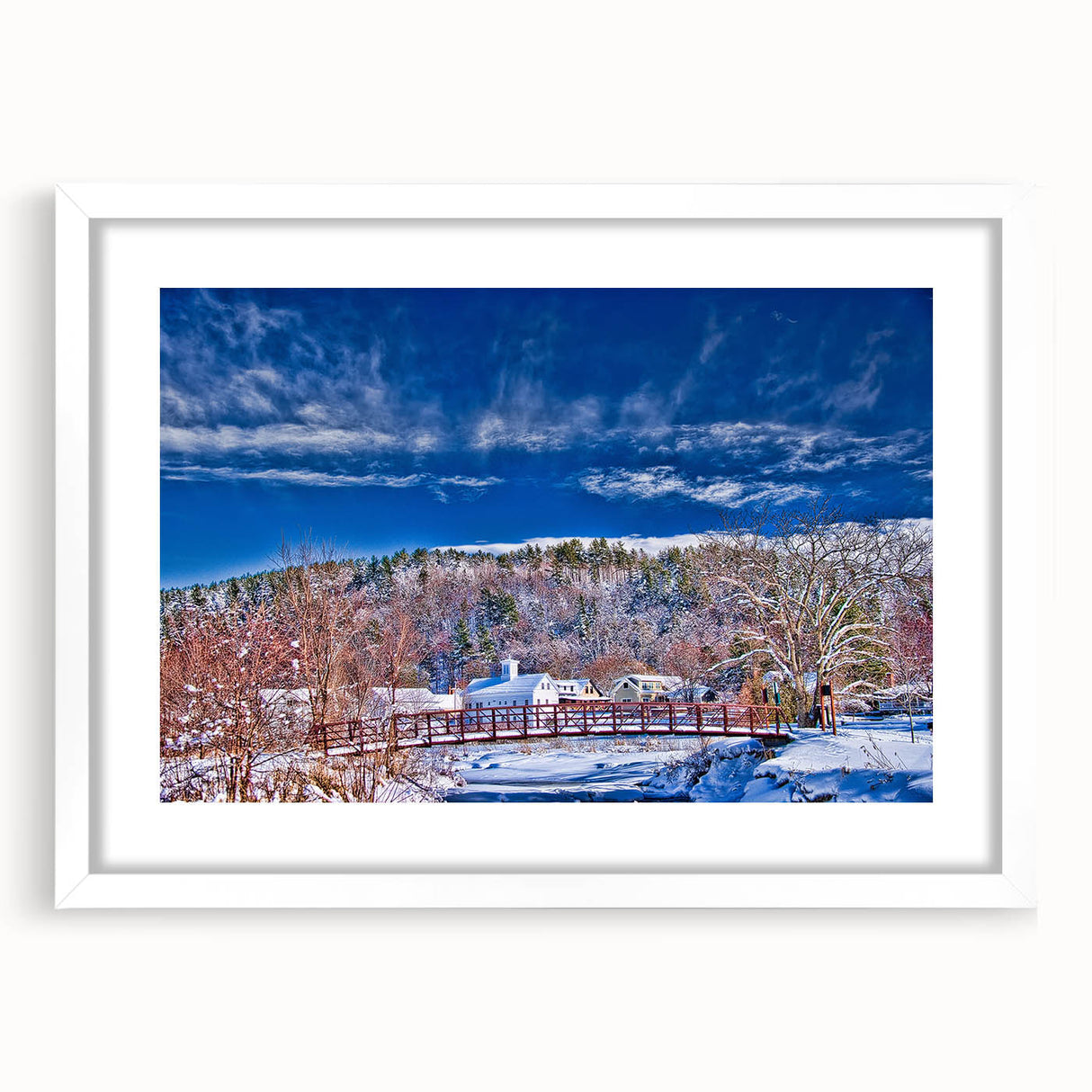 Abstract art print of Vermont scenery in muted earth tones on a white matted frame, ideal for dining room decor.