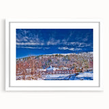 Abstract art print of Vermont scenery in muted earth tones on a white matted frame, ideal for dining room decor.