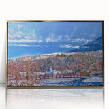 Large art print of Vermont scenery in mid-century modernist style, acrylic framed in gold, ideal for nursery wall decor.