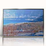 Mid-century modernist art depicting a serene Vermont landscape in muted earth tones on a framed acrylic print.
