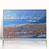 Acrylic print of a serene Vermont landscape in soft pastel hues, framed in white, ideal for nursery wall art.