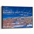 Framed canvas depicting a serene Vermont landscape in muted earth tones, ideal for bedroom wall art.