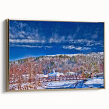 Framed canvas landscape art painting depicting a serene Vermont scenery in muted autumn colors, ideal for living room decor.