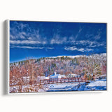 Extra large framed canvas featuring a textured Vermont scenery in black with colorful art accents.