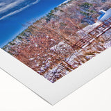 Art deco poster of Vermont scenery in muted green and brown tones on rolled canvas, suitable for dining room decor.