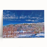 Black and white stretched canvas depicting a serene Vermont landscape, ideal for kitchen wall art or bedroom ambiance.