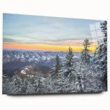 Large abstract wall art depicting a serene Virginia landscape in muted green and blue tones, printed on acrylic glass.