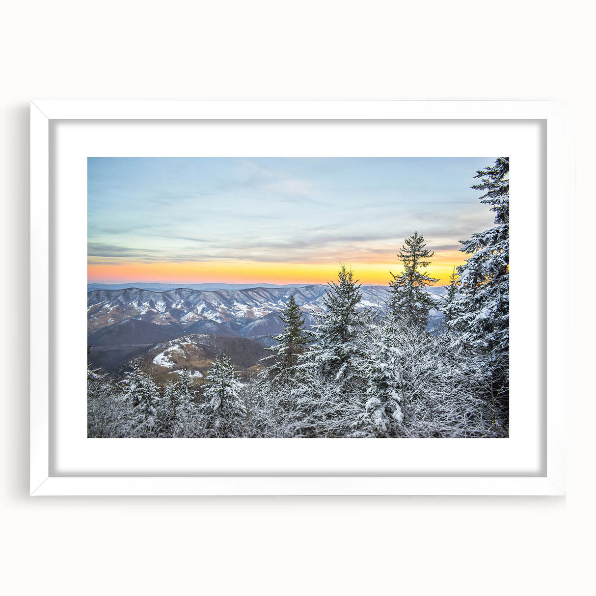 Abstract art print of Virginia scenery in muted earth tones on a framed white mat, suitable for dining room decor.