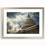 Textured art print of Washington DC Capitol in abstract style, featuring muted gray and blue tones on framed silver mat.