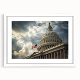 Abstract art print of Washington DC Capitol in muted gray tones on a framed white mat, ideal for dining room decor.