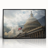 Large abstract wall art of the Washington DC Capitol in muted gray tones, framed in black acrylic, suitable for office decor.
