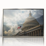 Mid-century modernist art of Washington DC Capitol in muted gray tones, framed in silver acrylic.