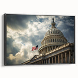 Black and white framed canvas of the Washington D.C. Capitol, ideal for bedroom wall art in a vintage poster style.