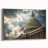 Framed canvas of the Washington DC Capitol in black with vintage poster art style, ideal for bedroom wall art.