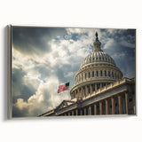 Framed canvas of a vintage-style landscape art painting depicting the Washington DC Capitol in black and colorful hues.