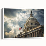 Vintage poster art of Washington DC Capitol on framed canvas, featuring a colorful palette, ideal for living room decor.