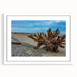 Abstract art print of Olympic National Park in muted green and blue tones, framed with a white mat.