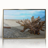 Art deco poster of Olympic National Park in gold acrylic frame, with muted green and blue tones.