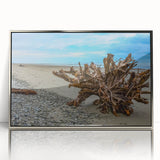 Large art print of Olympic National Park in muted earth tones on a silver-framed acrylic, in mid-century modernist style.