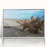 Mid-century modernist art of Olympic National Park in muted earth tones, framed acrylic, ideal for nursery wall art.