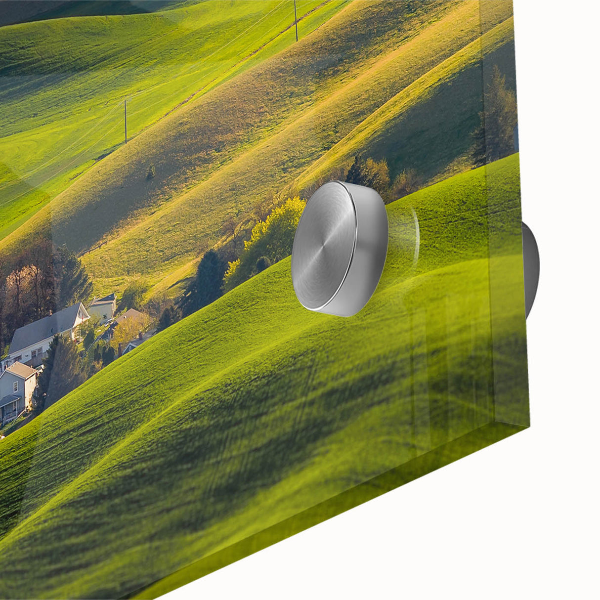 Mid-century modernist landscape of the Palouse region in muted earth tones on acrylic glass, ideal for dining room art.