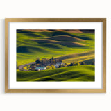 Extra large textured abstract art print of Palouse scenery in muted earth tones, framed in gold, ideal for living room decor.