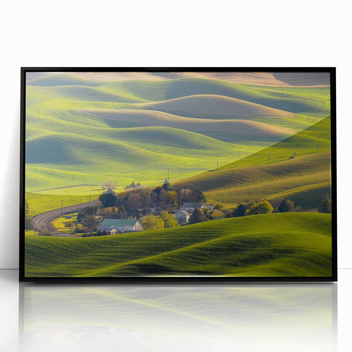 Large abstract wall art of Palouse, Washington in muted earth tones on framed acrylic, ideal for modern living room decor.