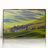 Mid-century modernist landscape of Palouse, Washington in earth tones on a framed acrylic, ideal for modern art wall decor.