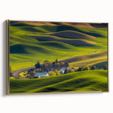 Framed canvas of a vintage-style landscape painting depicting the rolling hills of Palouse, Washington in muted earth tones.