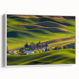 Extra large framed canvas of a vintage poster art depicting the colorful Palouse scenery, ideal for living room decor.