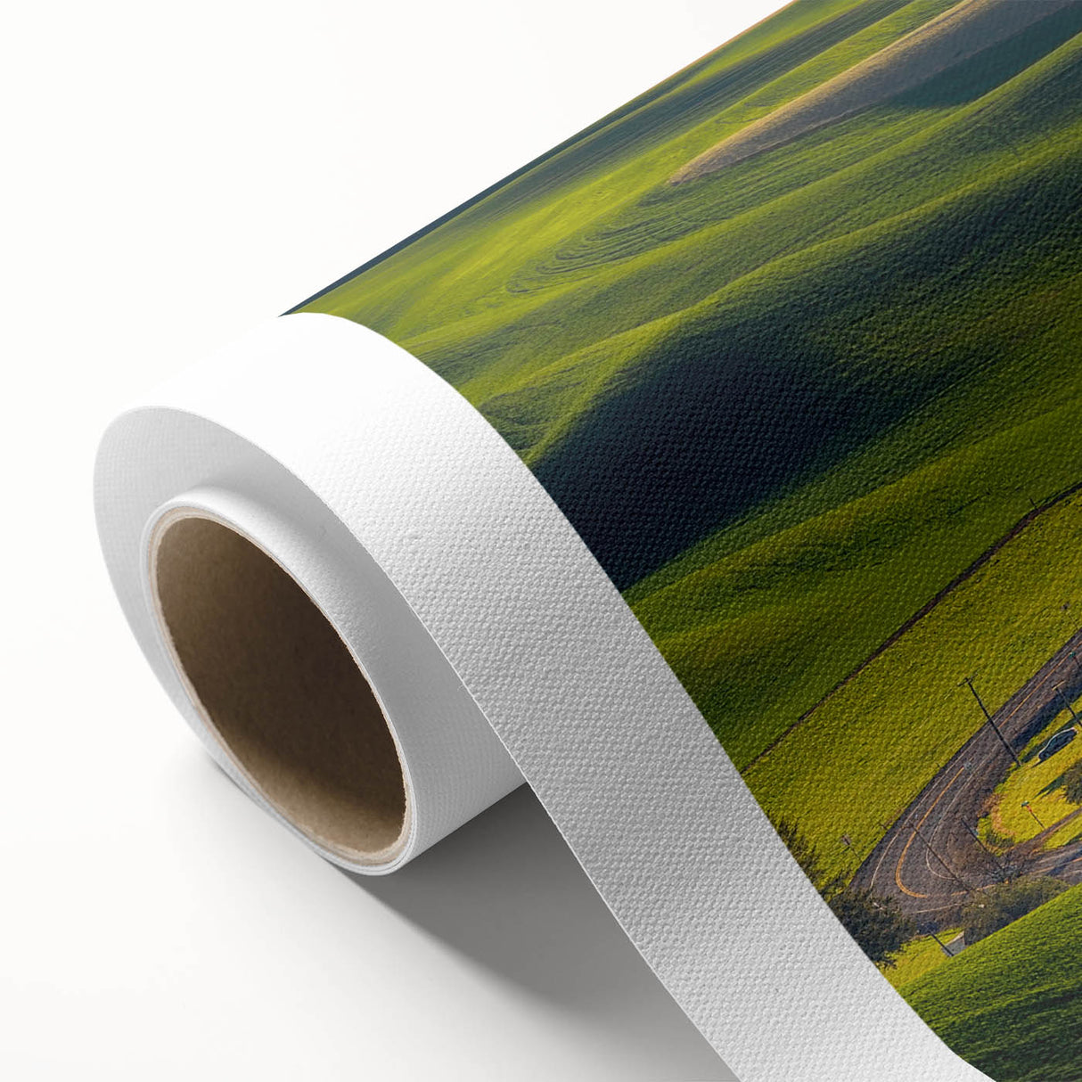 Art Deco poster of Palouse, USA scenery on rolled canvas, with soft green and brown tones.