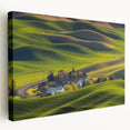Side view of a stretched canvas depicting the rolling hills of Palouse, Washington in soft green and brown tones.