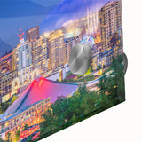 Acrylic print of large abstract Seattle skyline in muted earth tones, suitable for dining room art.