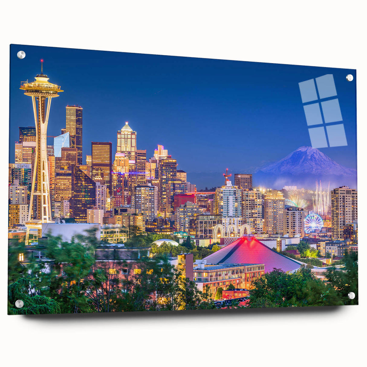 Acrylic print of a large abstract depiction of the Seattle skyline in cool blue and gray tones.