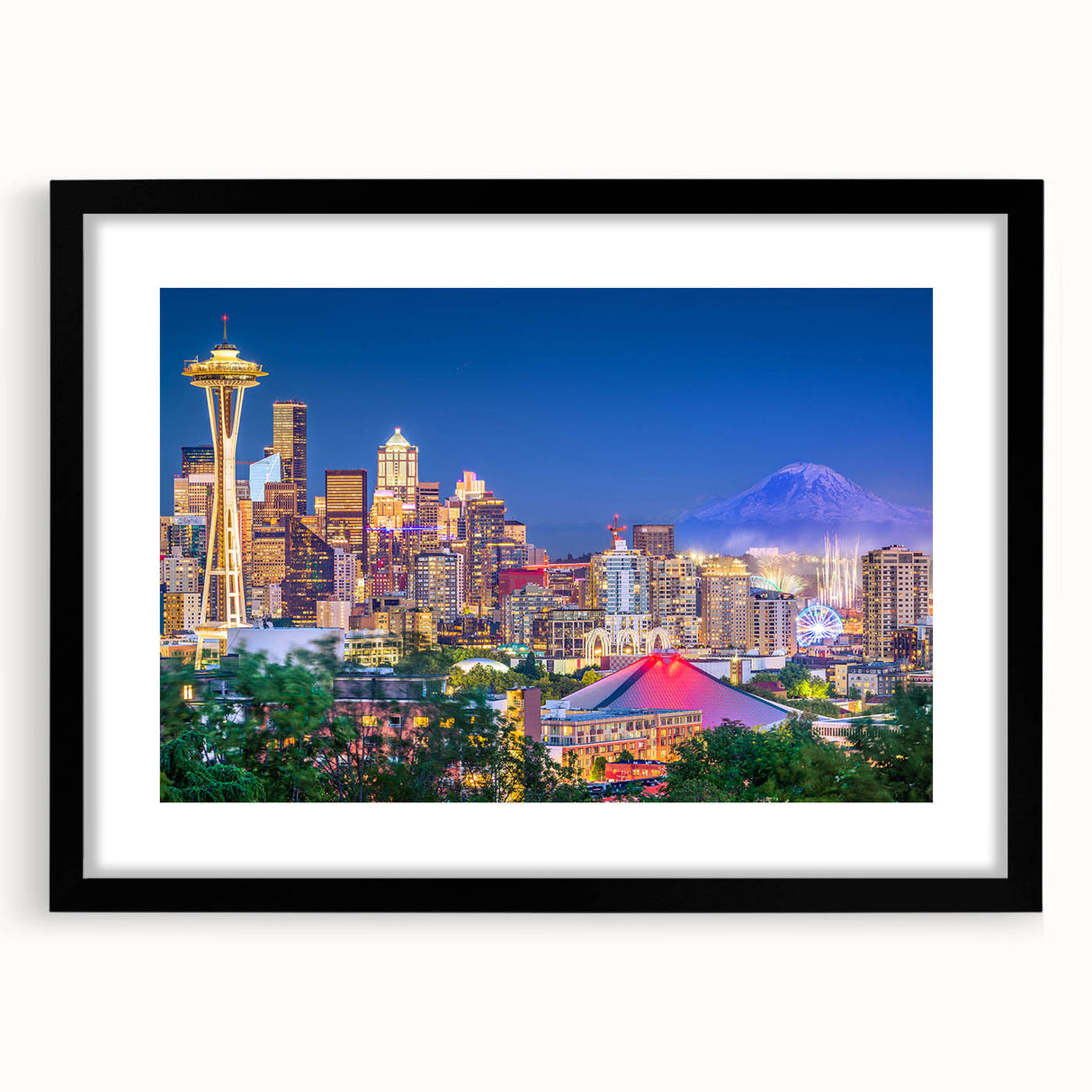 Abstract art print of Seattle skyline in vibrant colors on a large textured canvas, suitable for living room decor.