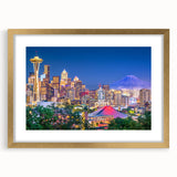 Extra large abstract art print of Seattle skyline in muted grays and blues, framed in gold, ideal for living room decor.